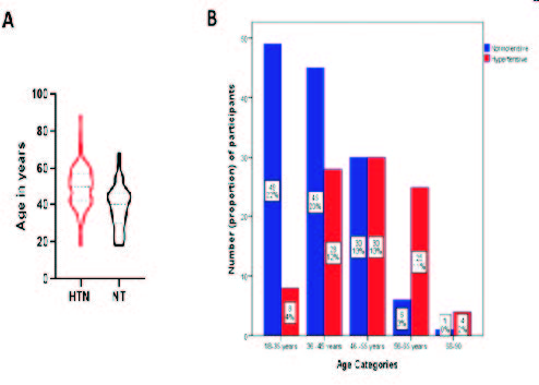 Median age and age category proportions between hypertensive and normotensive participants