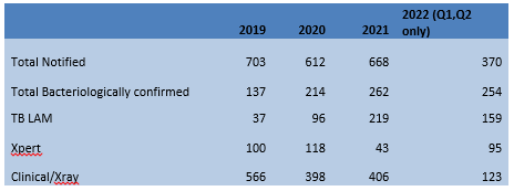 Number of cases of TB identified by TB LAM from January 2019 to June 2022