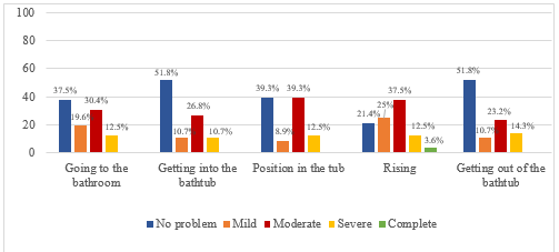 Level of problems in selected tasks required in the bathing activity 