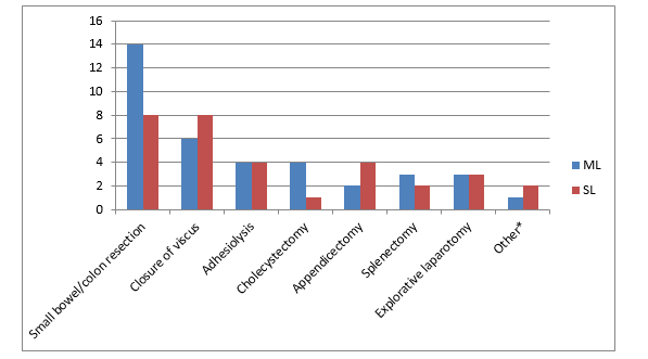  The procedures performed. ML, mini-laparotomy; SL, standard laparotomy</br>
         *included inguinal herniorrhaphy, suturing of the liver/kidney, sigmoidopexy