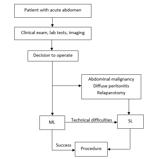 Proposed algorithm for the selection of exploration method. ML, mini-laparotomy; SL, standard laparotomy 